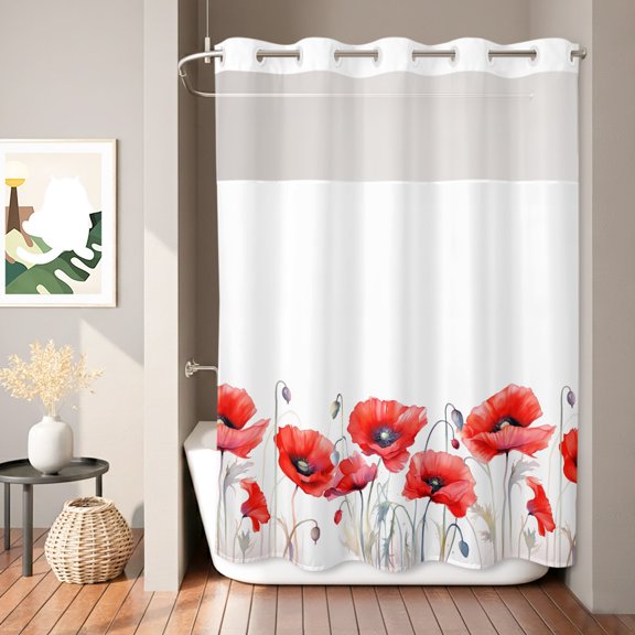 Spring Floral Shower Curtain, Watercolor Red Poppy Botanical Plant Waterproof No Hooks Bath Shower Curtain with See Through Top Window for Bathroom Bathtub 72x84in