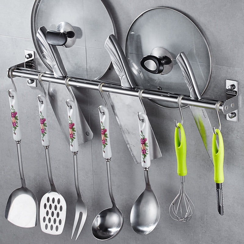 Utensil Rack Wall Mount, Kitchen Rail with 6 Kitchen Sliding Hooks