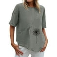 thumbnail image 1 of Chemises d'Été pour Femmes Col Rond Imprimé Coton Lin Haut Grande Taille Ourlet Irrégulier Décontracté Confortable Manches Courtes Blouse, 1 of 4