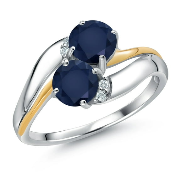 Gem Stone King 925 Sterling Silver and 10K Yellow Gold Blue Sapphire 5MM Round 2 Stone and White Lab Grown Diamond Accent Ring for Women (1.23 Cttw, Gemstone September Birthstone, Size 7)