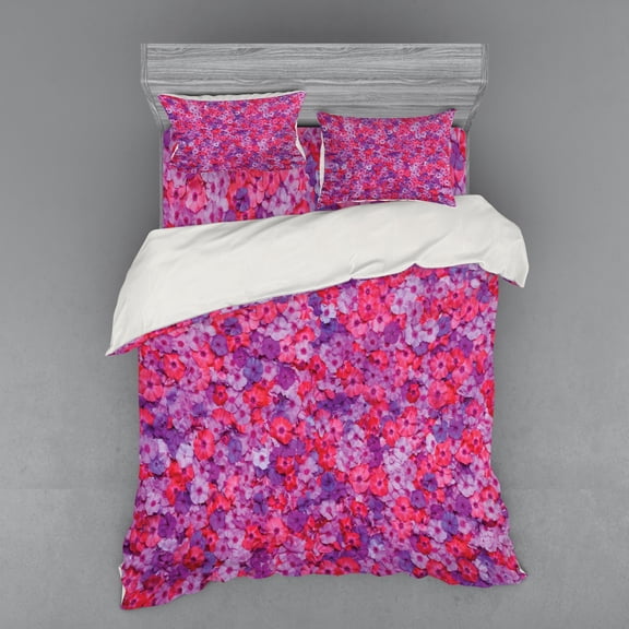 Ambesonne Colorful Bedding Set 4 Pcs, Spring Florets Flowers, Queen, Red Purple Lavender