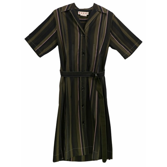 Marni Women's Dark Olive Short Sleeve Striped Poplin Dress - 10 US / 46 EU