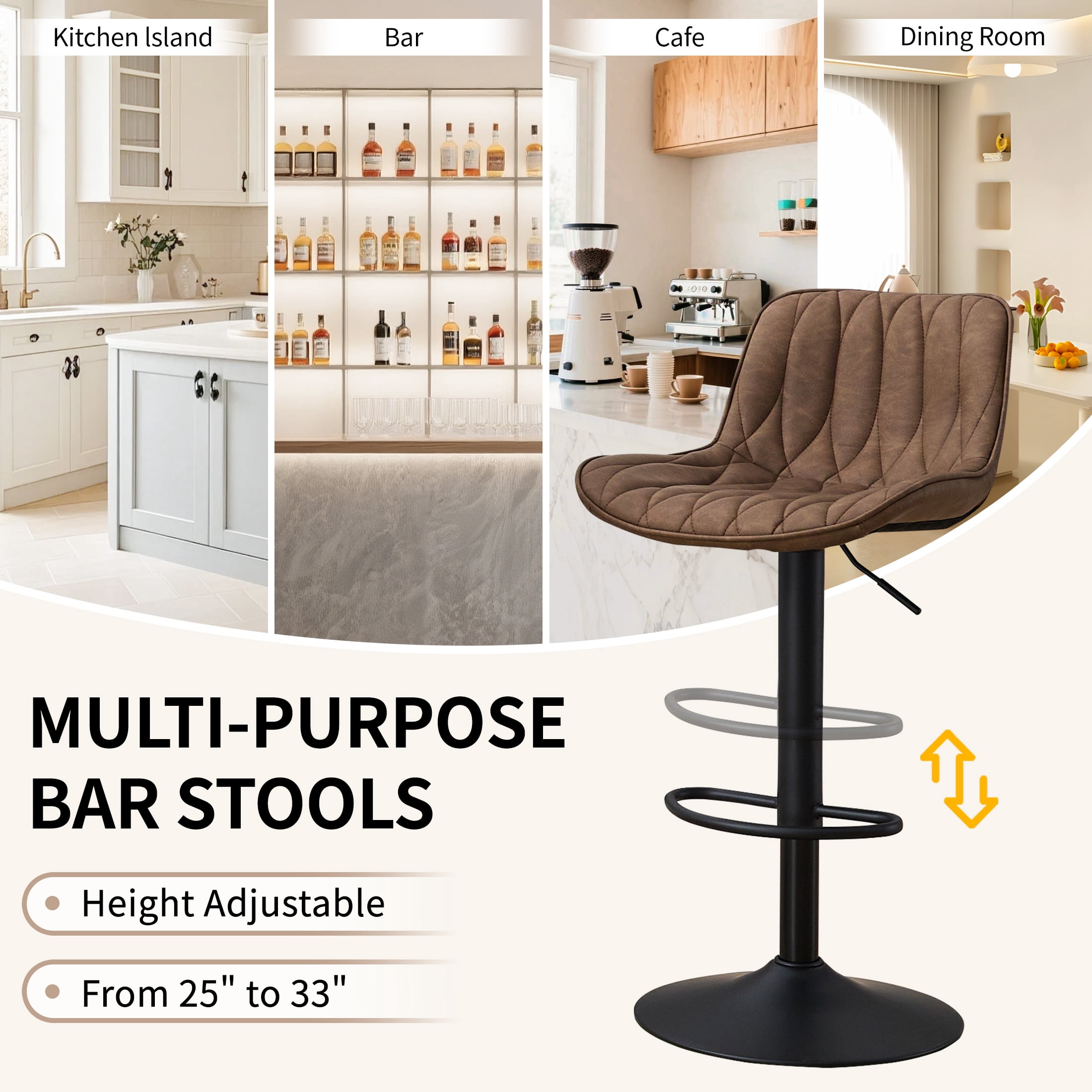 FIRAVOE Swivel Bar Stools Set of 4 (Adjustable Height 25"-33") Counter Height Bar Stools with Back, Modern Faux Leather Barstools for Kitchen Island, Tan