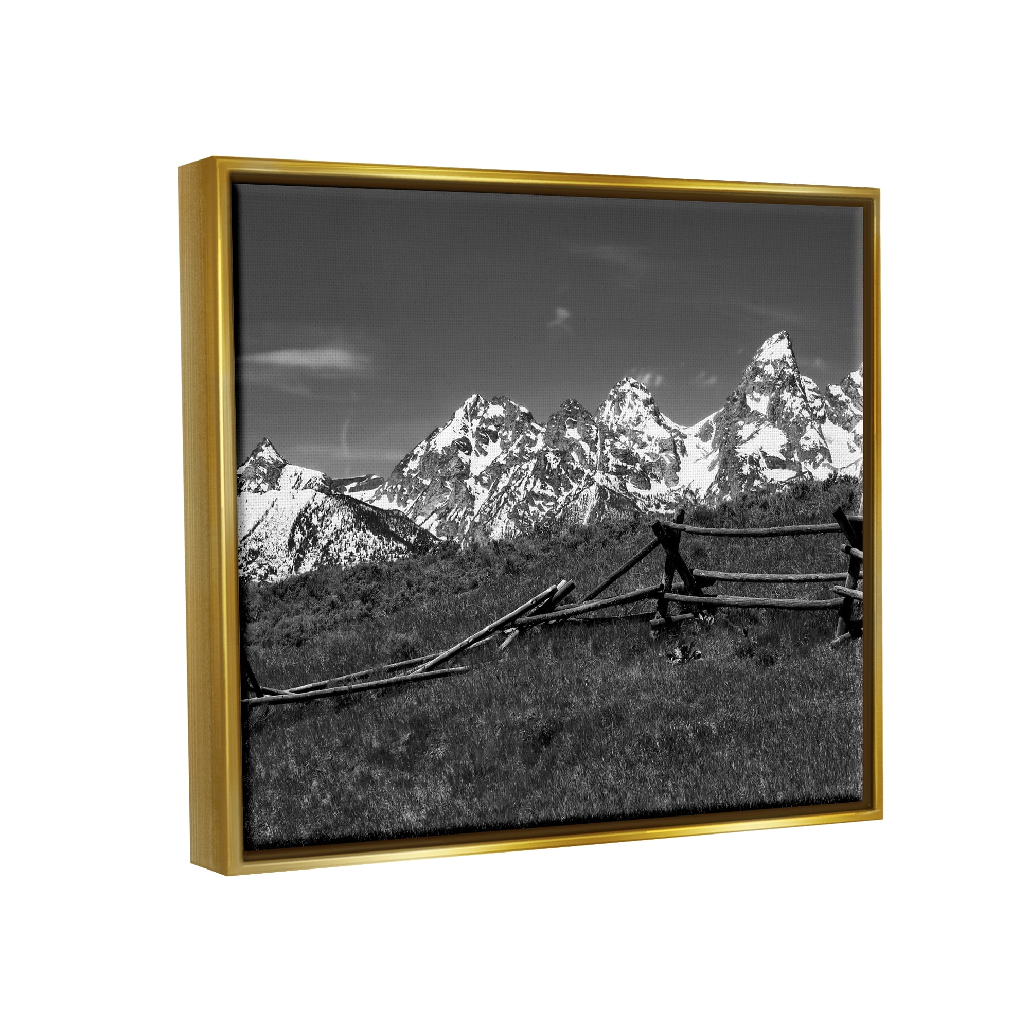 Stupell Industries Mountain Peaks & Fence Landscape Photography Gold Floater Framed Canvas Art Print Wall Art, 31 x 25