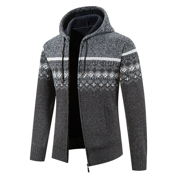 Maoxin Men Jacket Men's Winter Ethnic Style Printed Zippered Sweater Long Sleeved Hooded Casual Jacket Jacket Coats , Dark Gray , XL