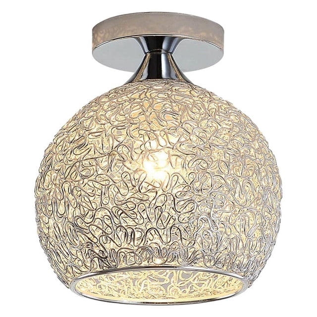 DOLITY Semi Flush Mount Ceiling Light with an aluminum wire lampshade in a spherical design, featuring a modern and rustic aesthetic. The argent finish adds elegance, making it a farmhouse light fixture suitable for hallways, dining rooms, and other indoor spaces. LED bulb not included. Dimensions: 7.09-inch outer diameter, 8.66-inch total height.