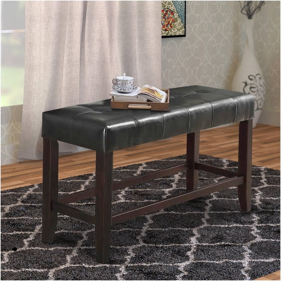 JERFIT Counter Height 1pc Bench Dining Room Black Faux Leather Cushion Tufted Seat Wooden Base