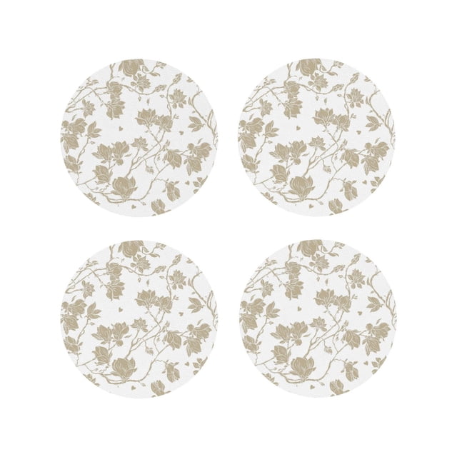Vsdgher Vintage Stylized White Color Print Leather Coasters for Drinks, Durable Drink Coasters 4 Set for Tabletop Protection, Luxurious Home Décor and Housewarming Gift-Round Shape