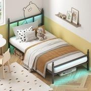 Fairy Twin Bed Frame with Charging Station, Metal Platform Bed with LED Lights, Black