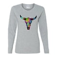 thumbnail image 2 of Colorful Rainbow Cow Bull Skull Animal Lover Womens Graphic Long Sleeve T-Shirt, Heather Grey, Medium, 2 of 3