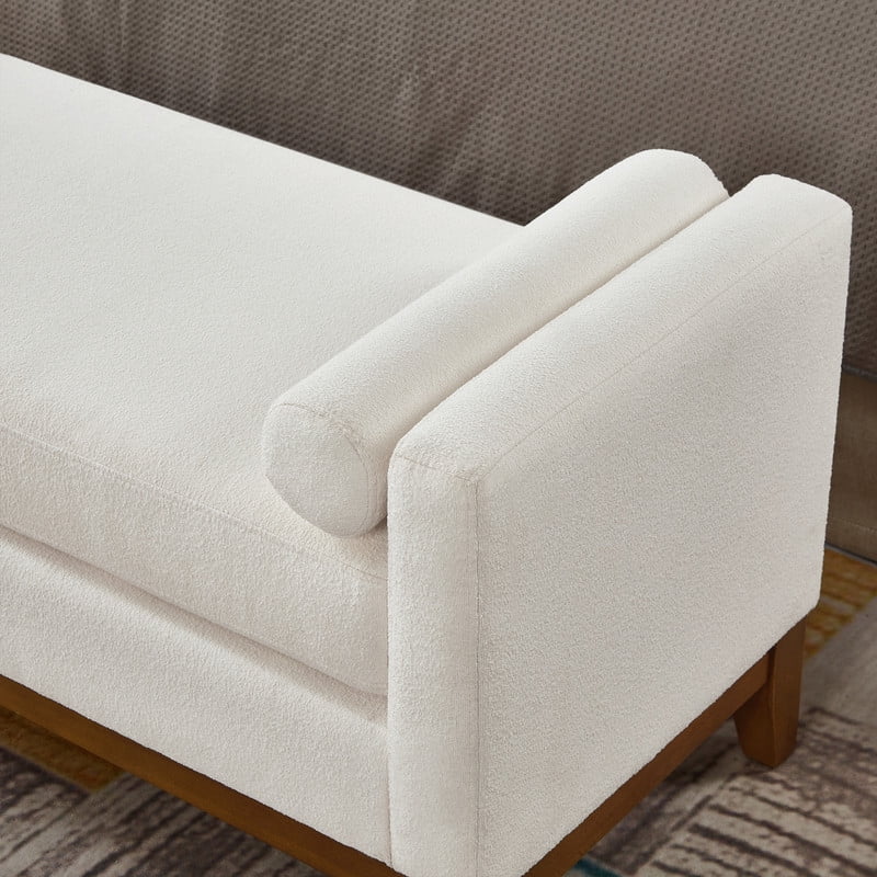 51" Storage Ottoman Bench with Arms and Pillows, Large Boucle Upholstered Tufted End of Bed Bench with Thick Padded Seat for Entryway, Living Room,Bedroom, Ivory