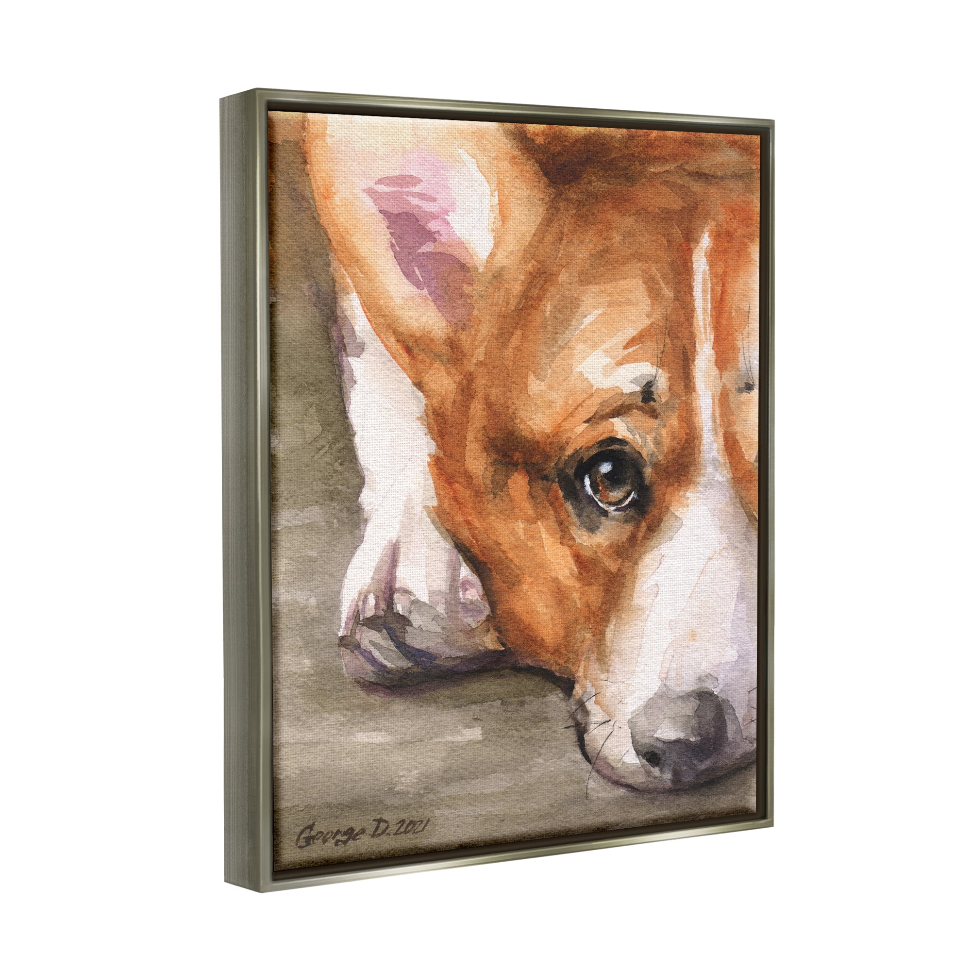 Stupell Industries Pleasant Corgi Puppy Dog Gazing Lying Down Painting Luster Gray Floating Framed Canvas Print Wall Art, Design by George Dyachenko