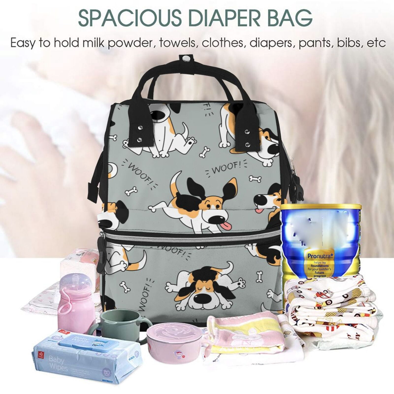 Fuzoiu Funny Beagle Active Dog Print Diaper Bag Backpack,Baby Essentials Travel Tote,Multi function Waterproof Diaper Bag, Travel Essentials Baby Bag - Unisex