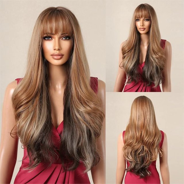 Peluca rizada ondulada larga marrón con flequillo, cabello sintético suave Natural ajustable, pelucas de fiesta diarias para mujeres, resistente al calor