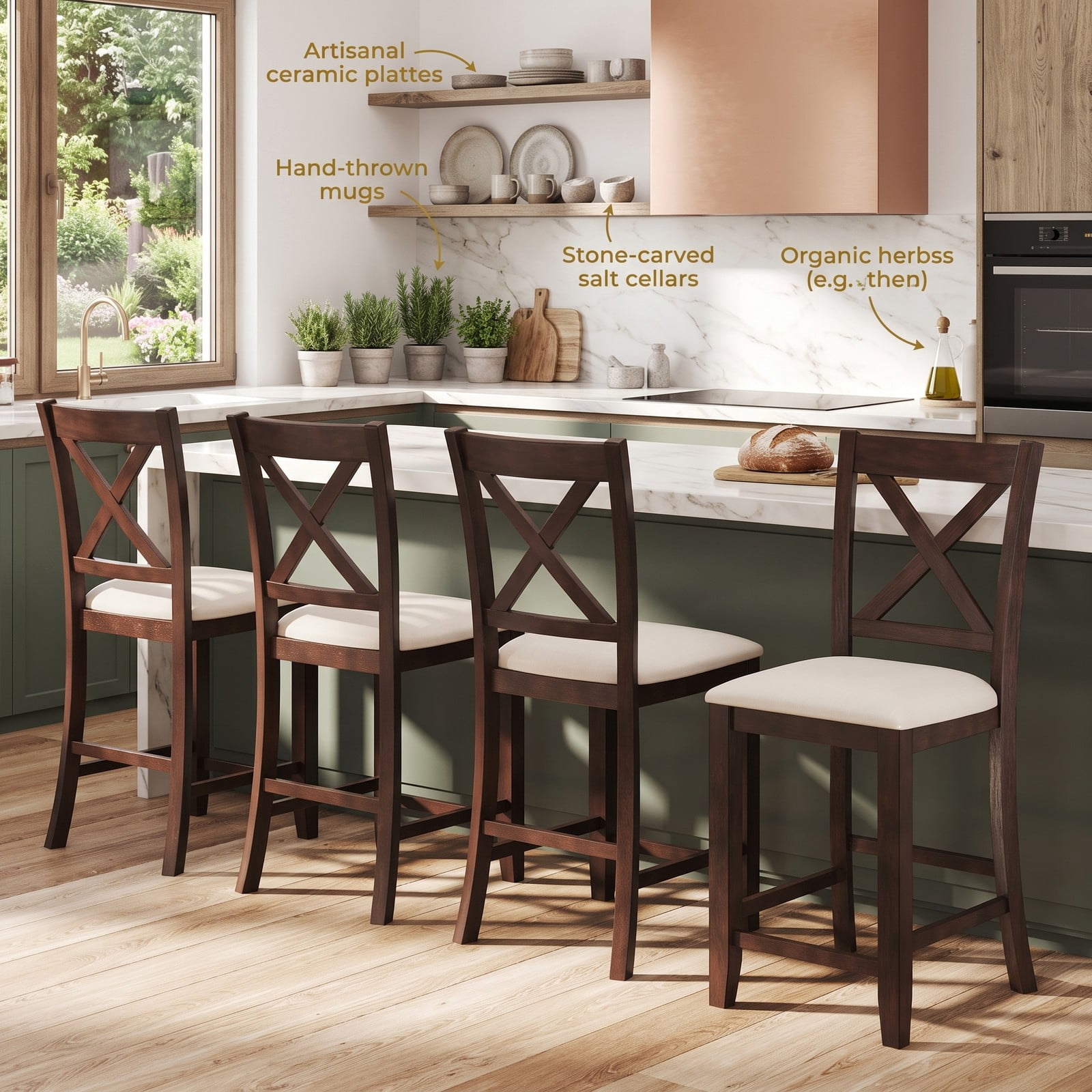 Furnibear Modern Farmhouse Counter Height Bar Stools Set of 2 with Footrest, Curved Slatted Back and Linen Cushioned Seat, 24 Inch Rubber Wood, Walnut and White