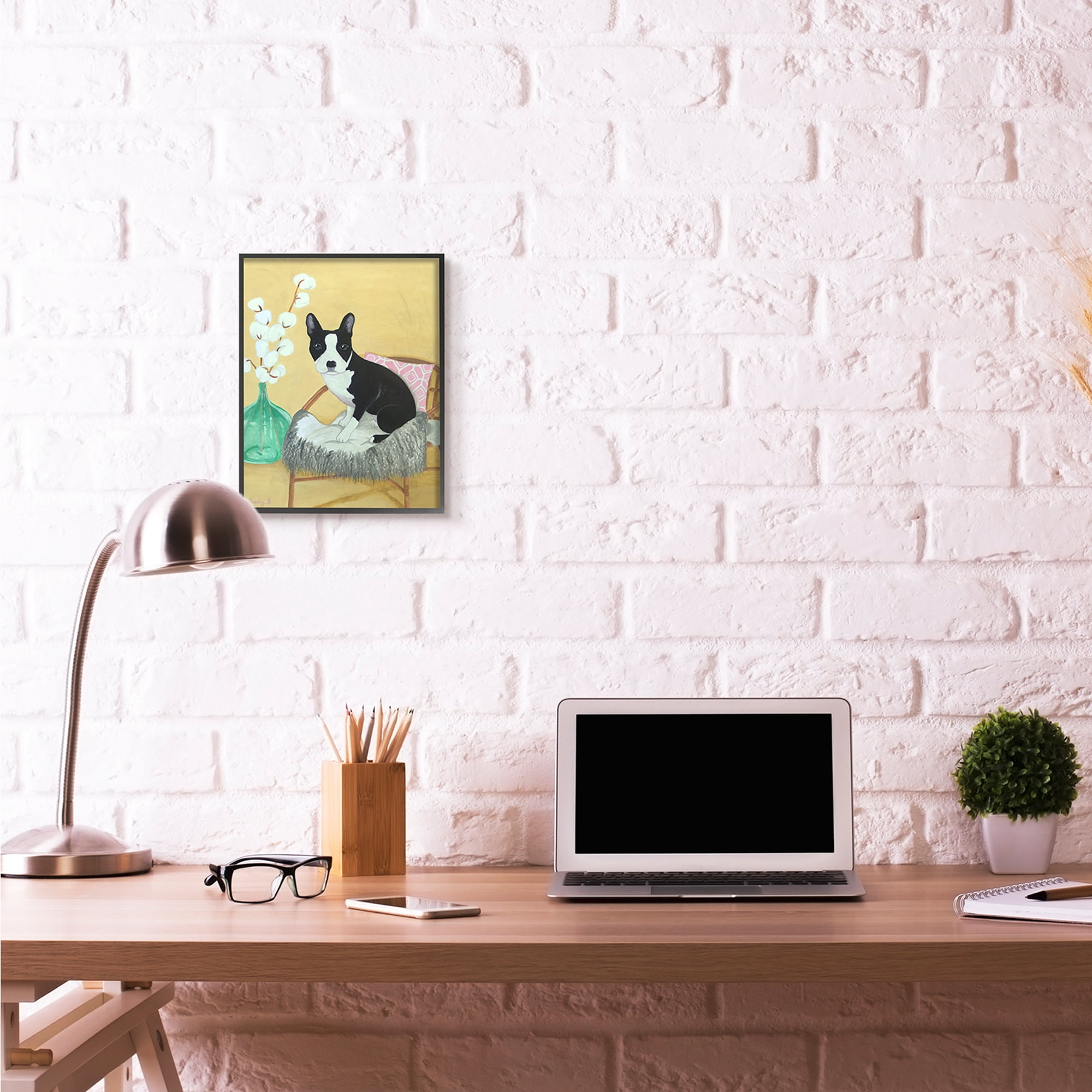Stupell Industries Dog On Chair Yellow Green Pet Painting Framed Wall Art by Sally B, 11" x 14", Black Framed