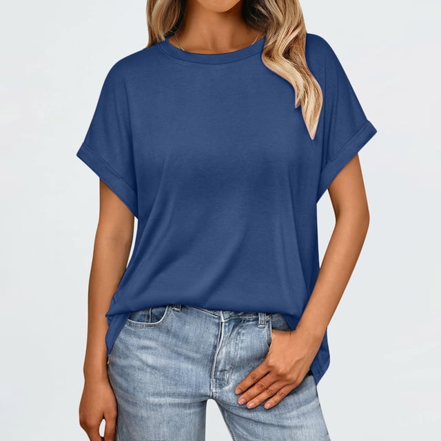 Binmer T-Shirt à Manches Courtes Décontracté pour Femme, Couleur Unie, Col Rond