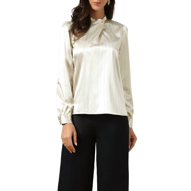 INSPIRAR CHIC Blusas de Satén para Mujeres Top Elegante Cuello Alto Blusa de Manga Larga Camisas de Trabajo M Albaricoque