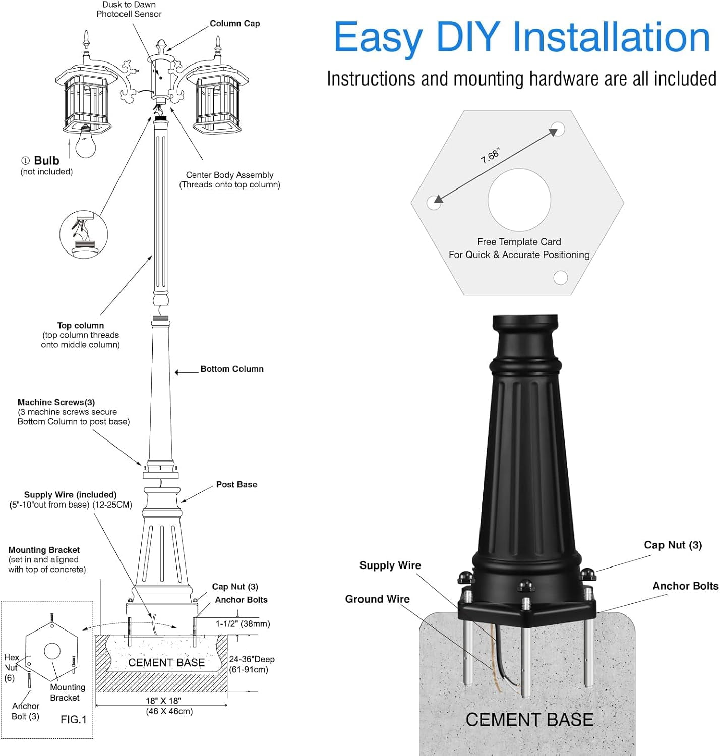 VIANIS Outdoor Lamp Post Light with Outlet 3-Head, Waterproof Outdoor Lamp Post Sconce, Anti-Rust Black Dusk to Dawn Street Light Pole for Garden, House, Doorway, Weather Resistant
