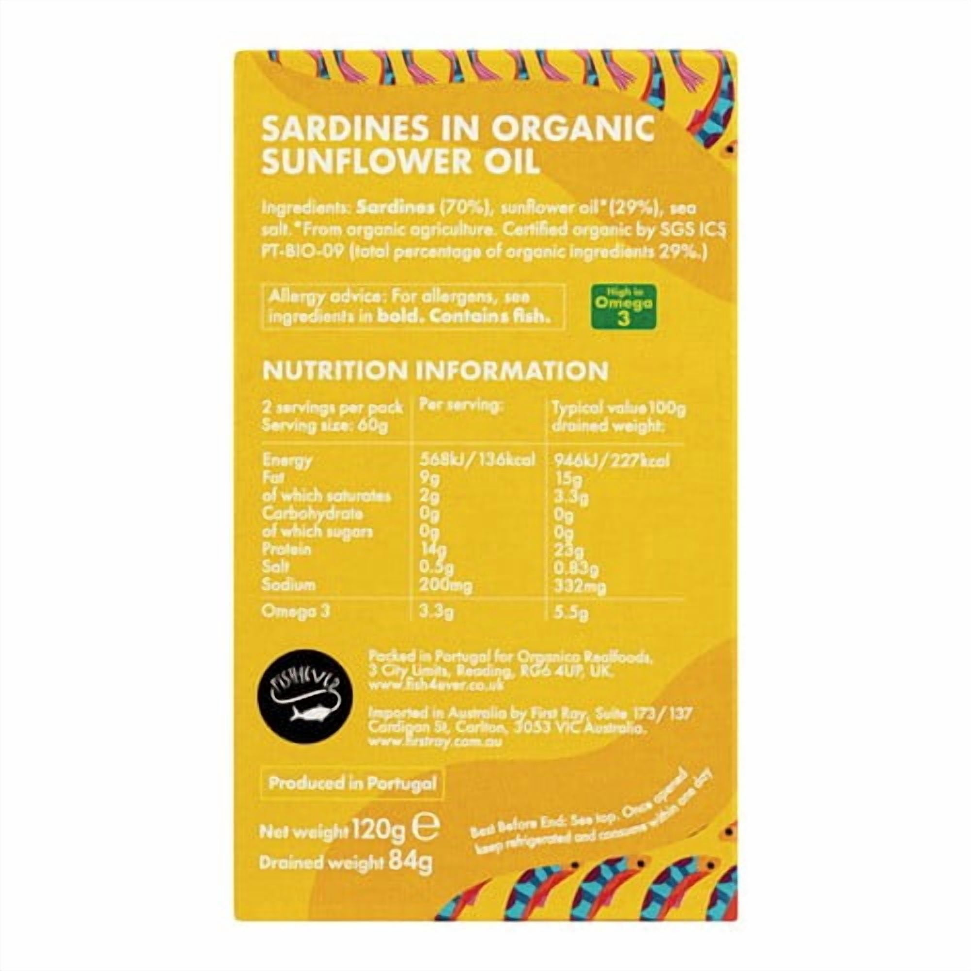 Fish 4 Ever Whole Sardines in Organic Sunflower Oil 120g, British Import (Pack of 3)