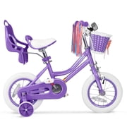 XJD 12 inch Kids Girls Bike for 3-12 Years Old Toddlers, Princess Children Bicycle with Training Wheels, Streamers, Basket, Doll Seat, Purple