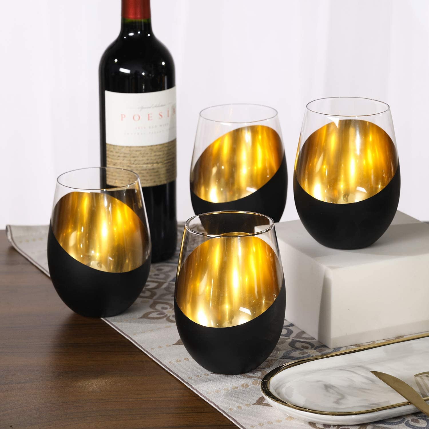 MyGift Modern Matte Black and Gold Tilted Design Stemless Wine Glasses Tumblers, Set of 6