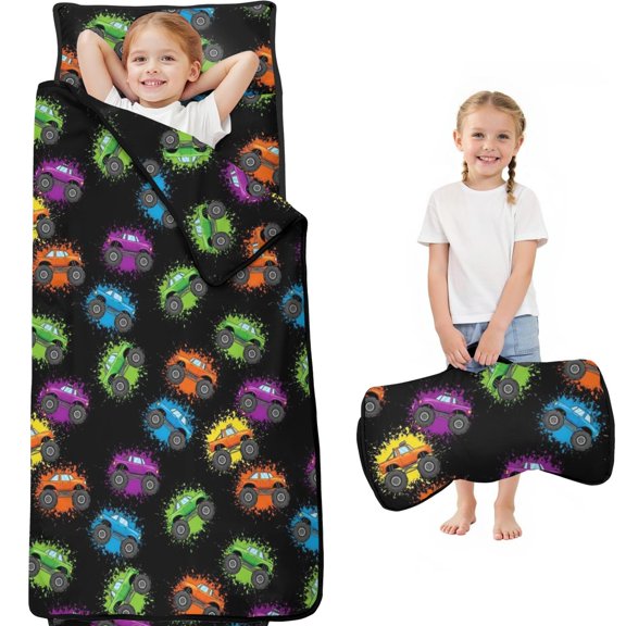 Monster Cartoon Truck Black Pattern Teens Toddler Nap Mat with Pillow, Sleeping Mat Bag for Preschool Daycare 59"x22"