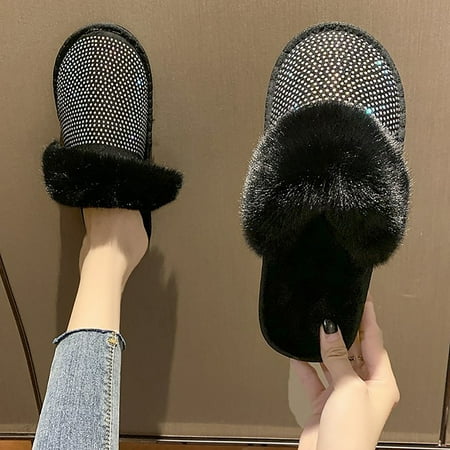 

Summer Slippers For Women Beach Accesseories Flip Flops For Women Fashion Women Rhinestones Slip On Furry Plush Flat Home Winter Round Toe Keep Warm Solid Color Slippers Shoes Swimming Pool Accessorie