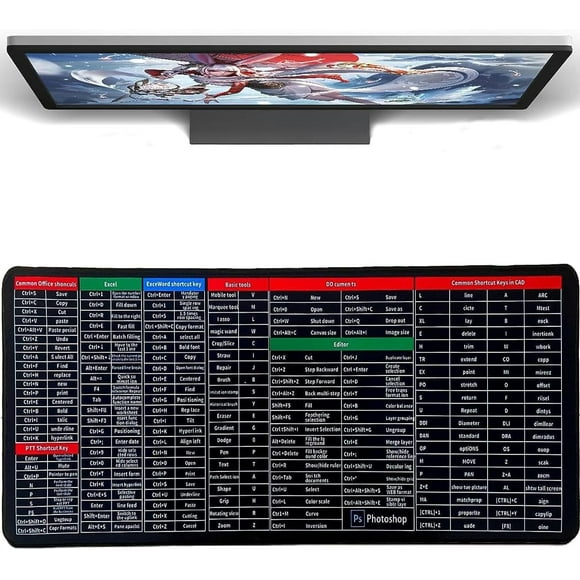 shiyou-Quick Key Large Anti Slip Keyboard Pad, 800 x 300 x 3mm Keyboard Shortcuts Large Mouse Mat with Office Software Shortcuts Pattern, Rubber Base Desk Mat for Excel, Word, PPT, Laptop, Computer