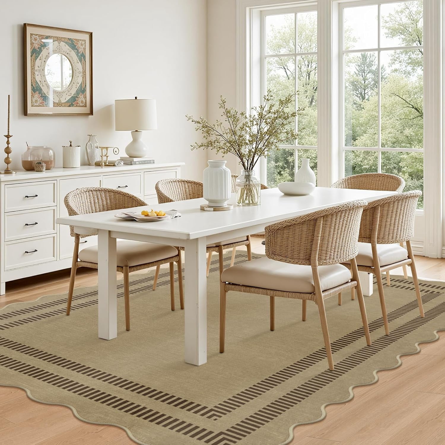 Washable Rug 5x7 Area Rugs for Living Room, Solid Brown Rug Non Slip Scalloped Throw Mat with Rubber Back, Soft Low Pile Carpet for Dining Room Bedroom Dorm Nursery