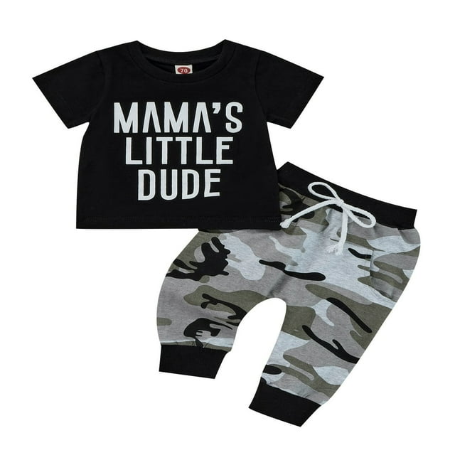 EIMELI Ensemble Décontracté 2 Pcs pour Petits Garçons, T-Shirt à Manches Courtes Imprimé Lettres Col Rond Camouflage Pantalon Long