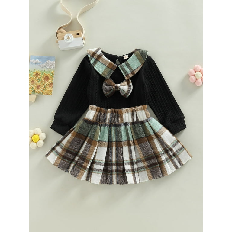 Blotona Kids Toddler Girls Plaid Skirts Set Long Sleeve Knitted Bow Sweater Top Elastic Waist Pleated Skirts 2 Pieces Fall Winter Clothe Green