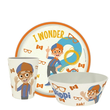 Zak Designs Blippi Kids Dinnerware Set 3 Pieces, Durable and Sustainable Melamine Bamboo Plate, Bowl, and Tumbler are Perfect For Dinner Time With Family (Blippi, TABBS)