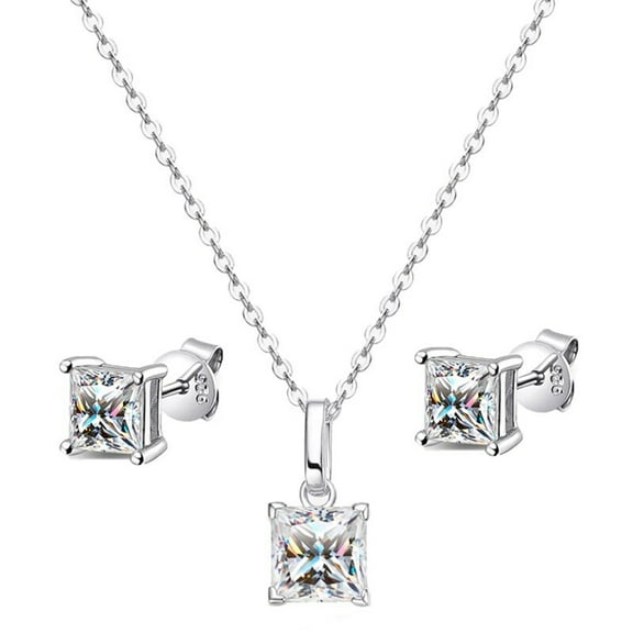 Princess Cut Moissanite Pendant Necklace Stud Earrings Set 14k Gold Plated Women