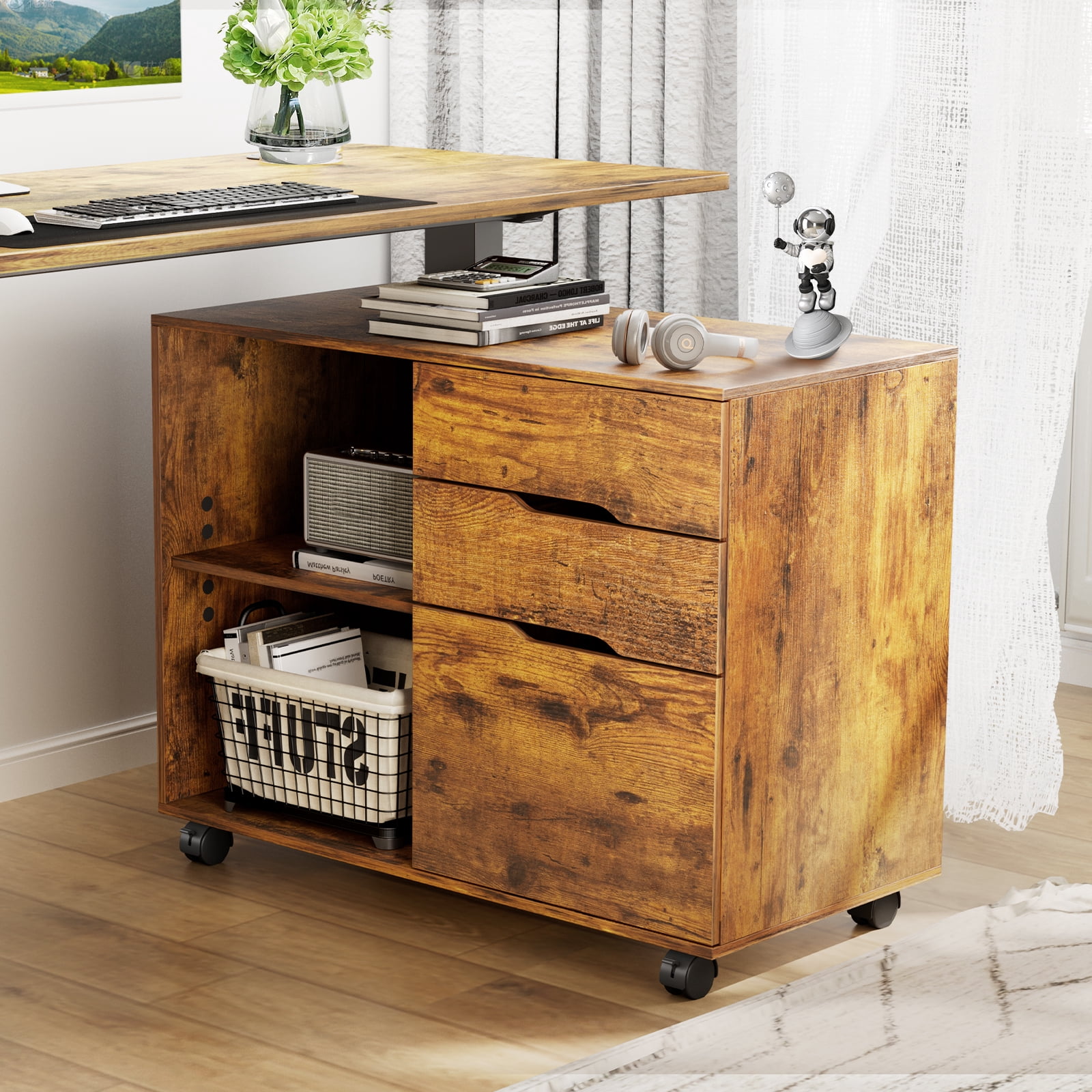 CONCETTA 3 Drawer Mobile File Cabinet with Lock, Under Desk File Storage for Home Office, Rust