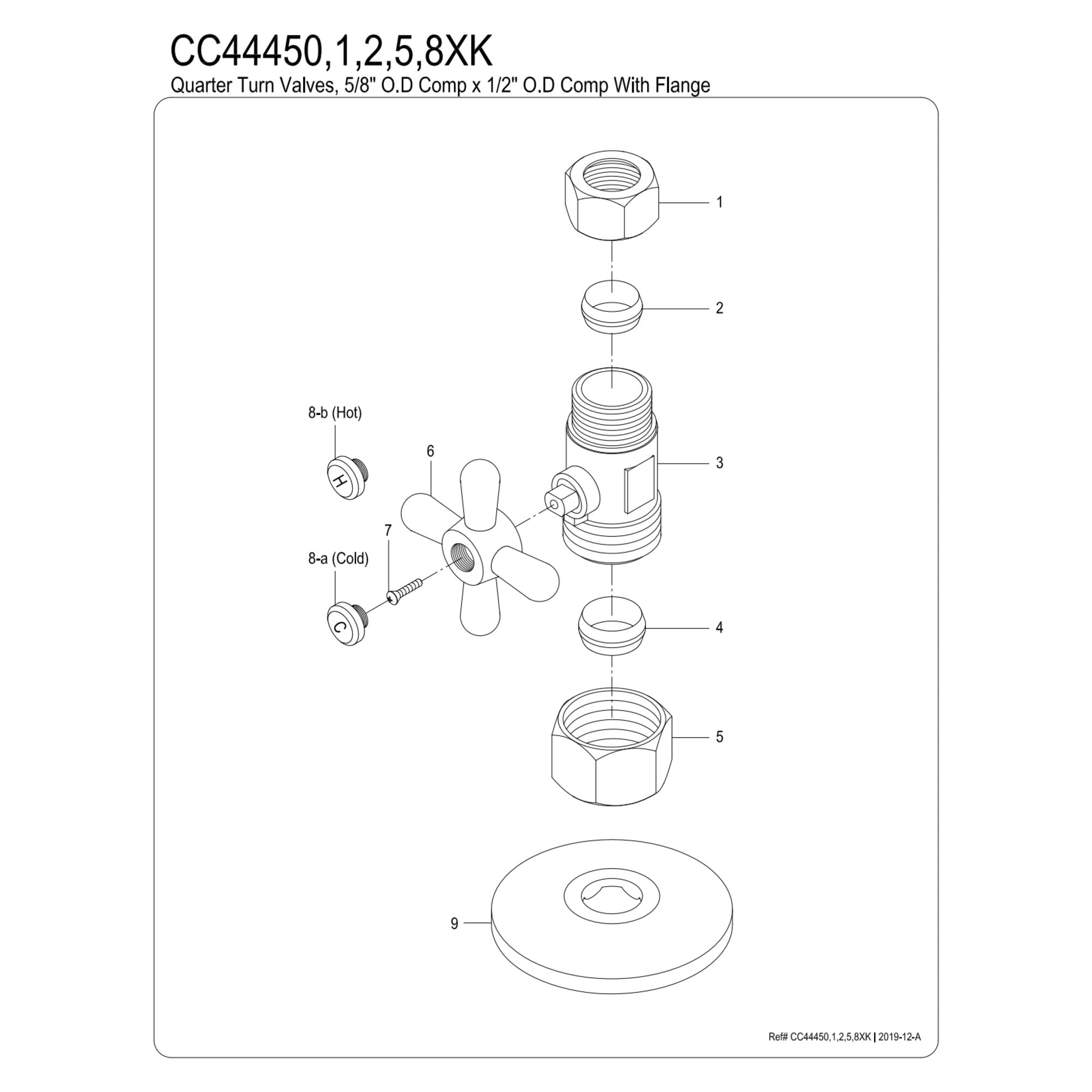 Kingston Brass CC44458XK 5/8-Inch O.D. Comp x 1/2-Inch O.D. Comp Quarter-Turn Straight Shut-Off Valve with Flange in Brushed Nickel