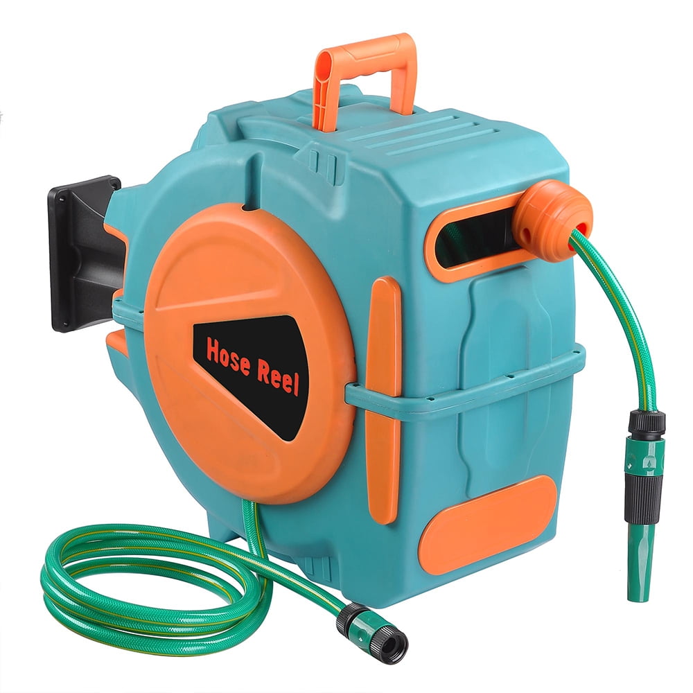 65Ft Auto Rewind Garden Water Hose Reel Retractable Automatic Wall Mount Outdoor Spray