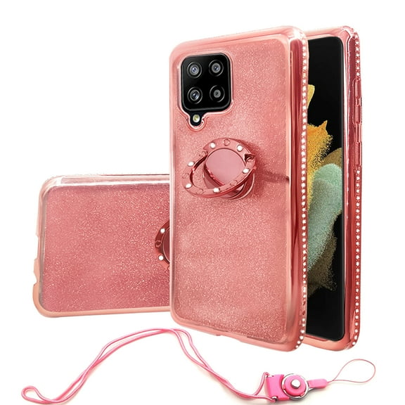 Compatible for Samsung Galaxy A42 5G Case, SOGA Glitter Diamond Rhinestone TPU Phone Cover with Ring Stand and Lanyard Girls Women Cover (Rose Gold)