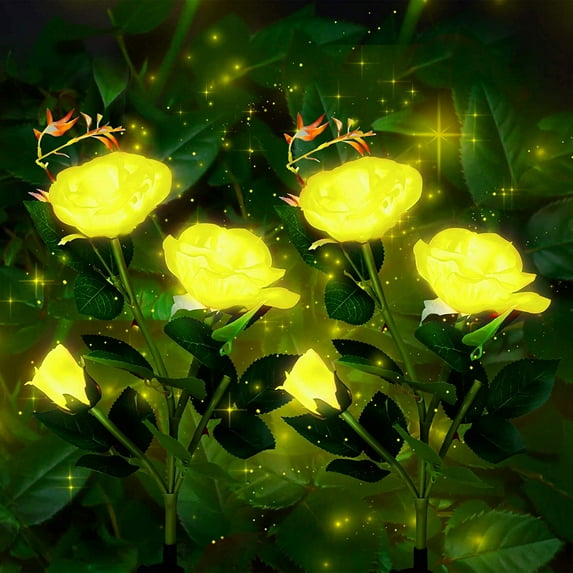 Coolmade Solar Garden Lights Christmas Yard Decorations Solar Rose Flower Lights with 6 Rose Flowers Waterproof for Garden Patio Yard Pathway Decoration (2 Pack Yellow)