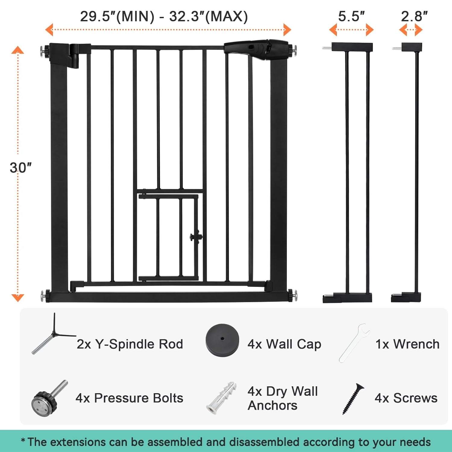 Auto Close pet Gate with Cat Door, 29.5"-40.5" Extra Wide Dog Gate for House Doorways Stairs, Pressure Mounted Easy Walk Thru Pet Gate, Includes 4 Wall Cups and 2 Extension Pieces, Black