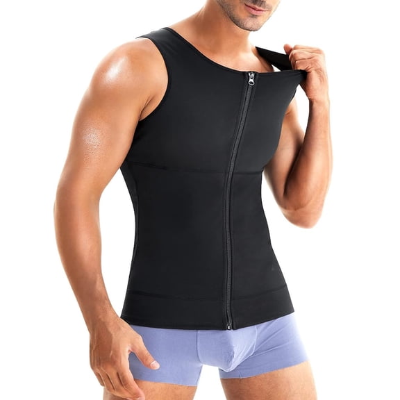 Molutan Compression Shirts for Men Undershirts Slimming Body Shaper Waist Trainer Tank Top Vest with Zipper(Black, M）