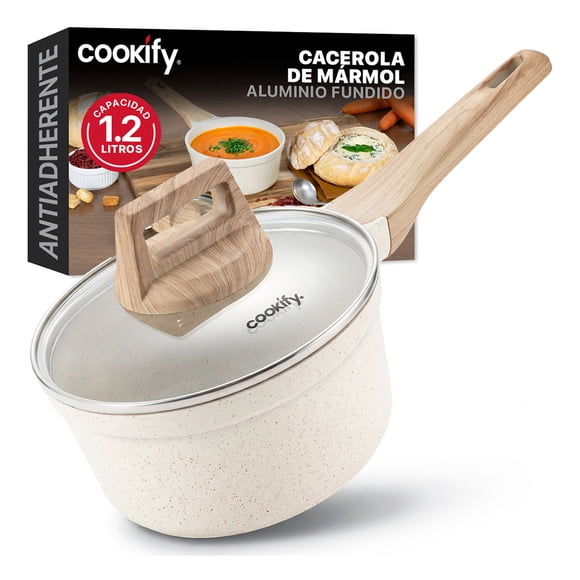Olla Cacerola de Aluminio con Revestimiento Antiadherente Libre de PFOA Cookify (Mármol Beige,16 cm)