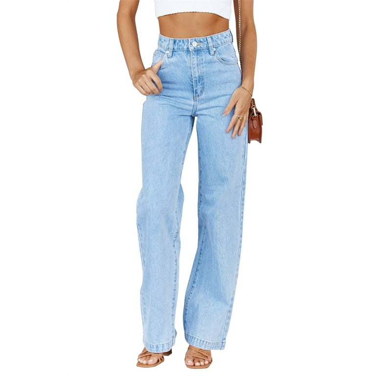 High Waist Women Blue Wide Leg Pants Casual Denim Jeans 