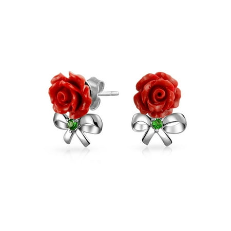 Red Flower Earrings - 3D Red Rose Flower CZ Bow Ribbon Stud Earrings For Women For Teen 925 Sterling Silver