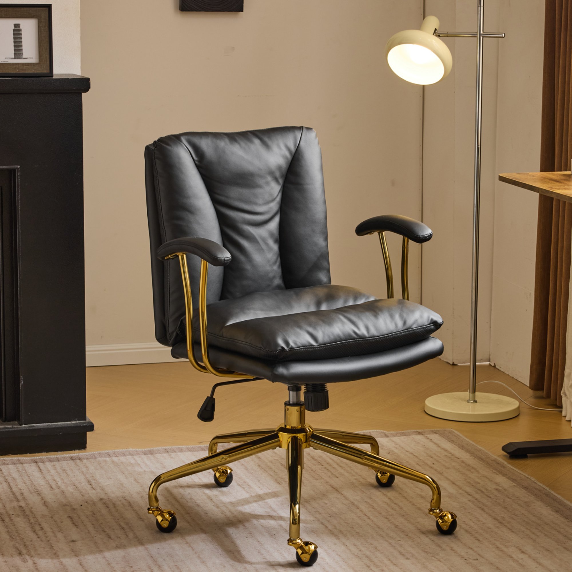 Ktaxon Office Chair High Back Study Chair PU Leather Adjustable Swivel Vanity Chair with Padded Armrests for Conference and Home Black