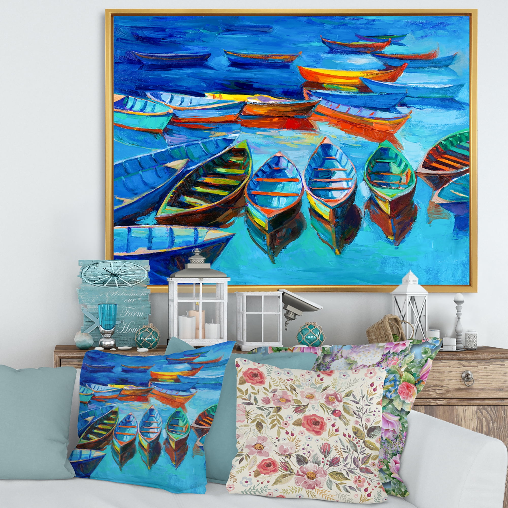 Designart 'Little Boats Wating In The Blue Harbour' Nautical & Coastal Framed Canvas Wall Art Print