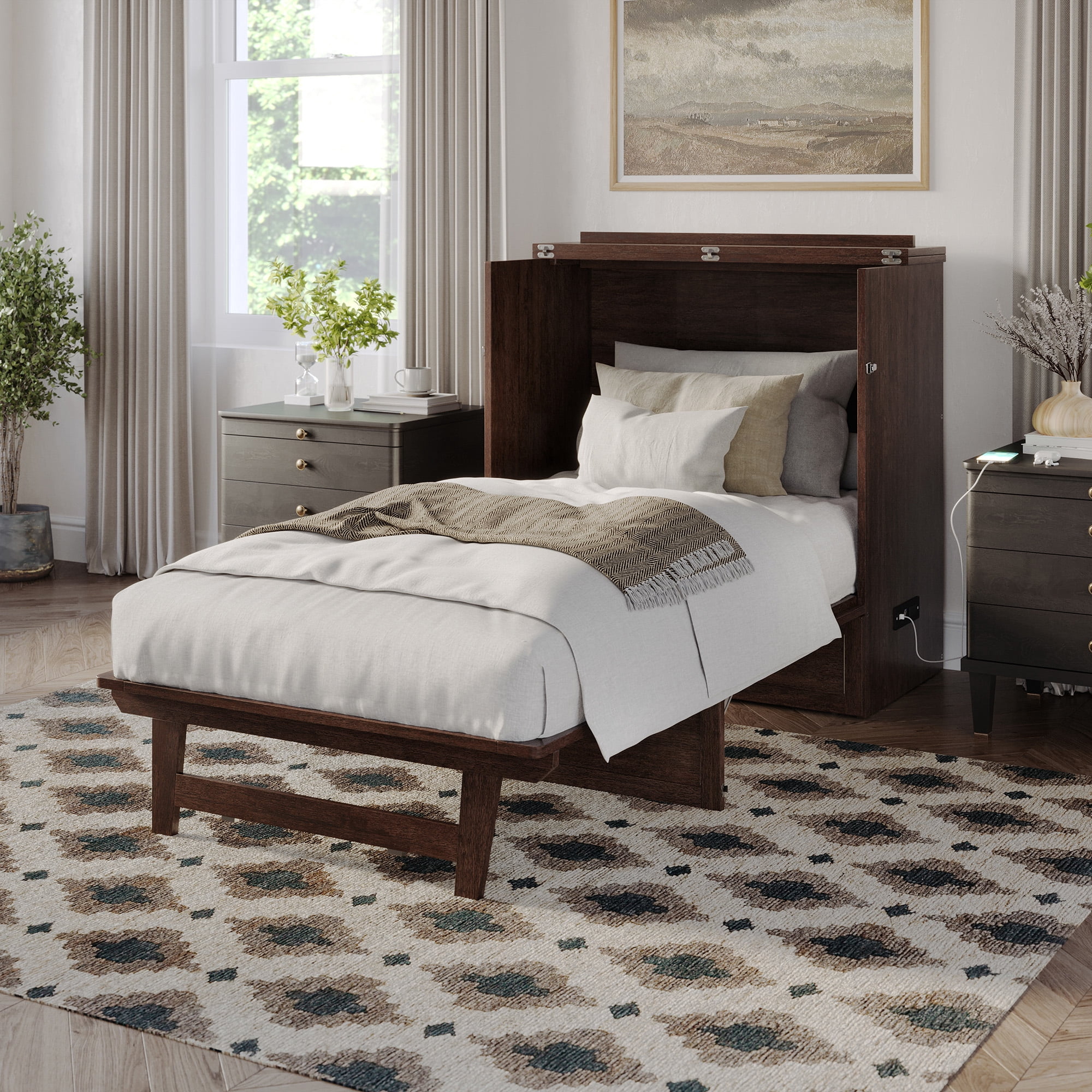 AFI Northfield Twin XL Wood Murphy Bed Chest with Mattress, Drawer & Charger, Burnt Amber