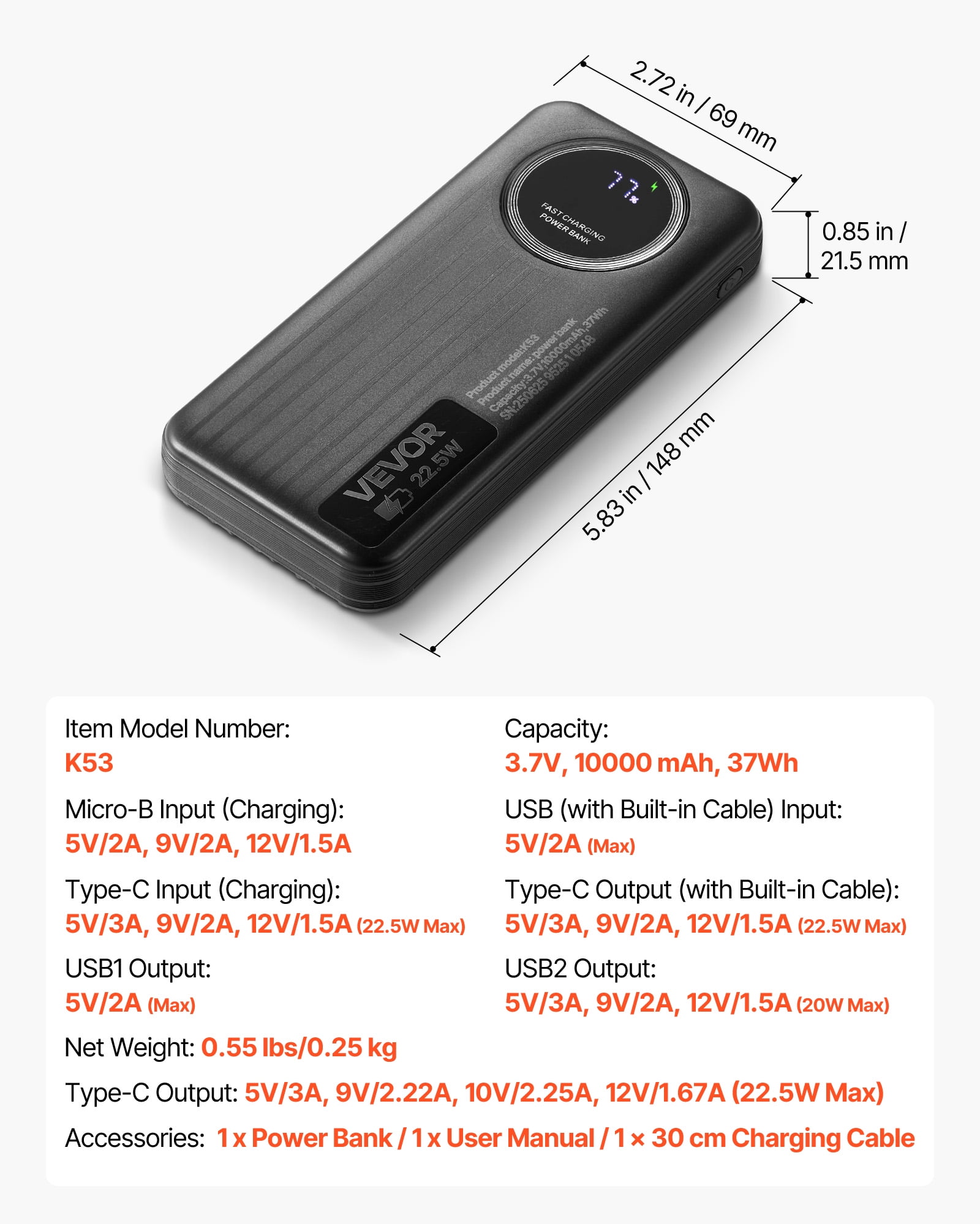 VEVOR Portable Charger, with Built-in Cables, 10000 mAh Travel Battery Pack, 6 Outputs 3 Inputs Fast Charging Power Bank with USB Type-C Micro-B Input,Smart LED Display, for iPhone, Samsung, Android
