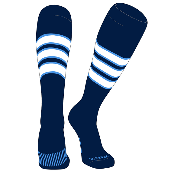 PEAR SOX Striped OTC Baseball, Softball, Football Socks (C) Navy, Sky Blue, White (XS)