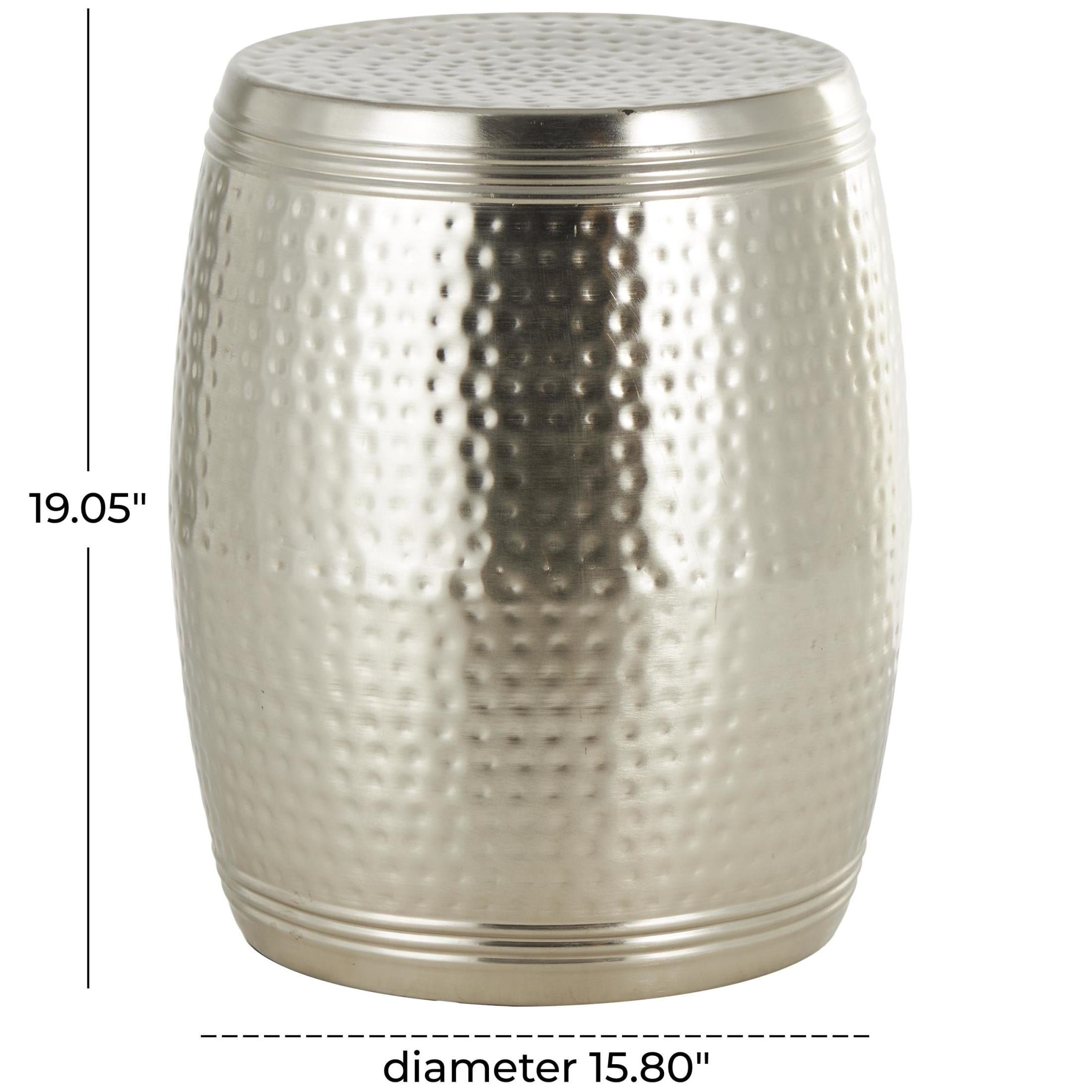 DecMode 16" x 19" Silver Metal Handmade Drum Accent Table with Hammered Design, 1-Piece